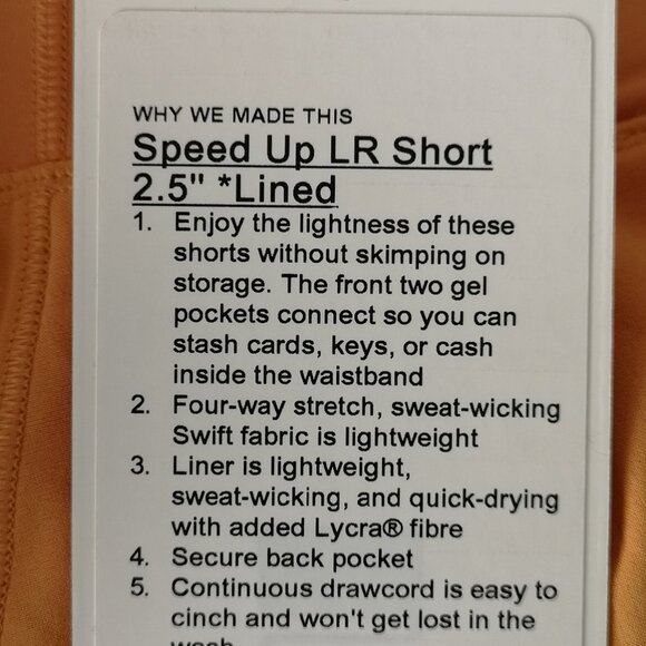 NWT LULULEMON MNOR Orange Lightweight Speed Up Low Rise 2.5" Lined Shorts 8 - Picture 9 of 9